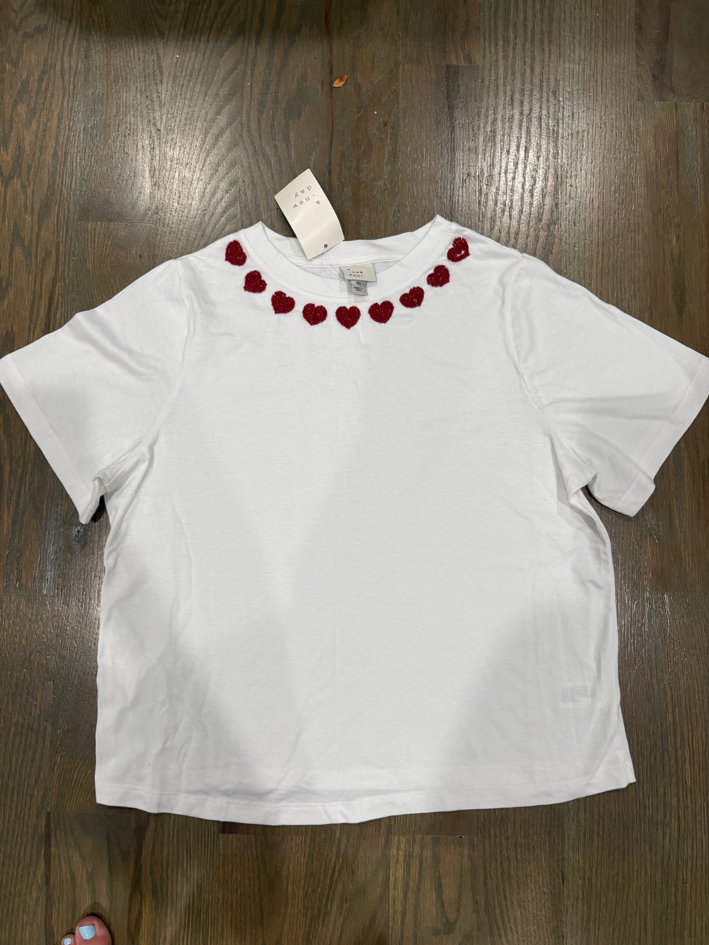 a new day White Tee with Red Beaded Heart Trim